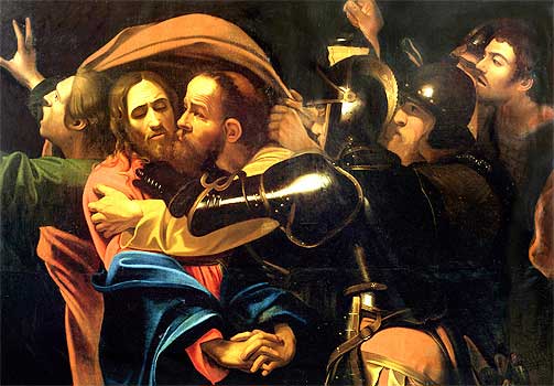 JUDAS OG JEDUS: Judas kysser Jesus for � peke ham ut for romerne. Forr