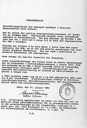 TREHOLT TATT: Pressemeldingen om pågripelsen av byråsjef Treholt, sendt ut av riksadvokat Magnar Flornes 21. januar 1984.
