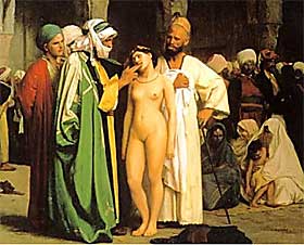 �SLAVEMARKED�: Dette maleriet av Jean-L�on G�r�me heter Slavemarked og ble malt i 1866. If�lge den britiske boken kunne det koste opp mot 1000 pund � f� en britisk kvinne som var tatt til slave frigitt. De fleste europeiske slavene var menn.