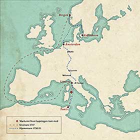 BERGENSER TATT TIL FANGE: Hans Jochum Schram var matros p� et klippfiskfart�y og ble tatt av pirater ved Sardinia i 1747. Han ble frikj�pt etter et �r. Her er reiseruta hans.