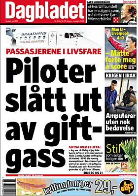 6. APRIL 2003: Allerede i 2003 kunne Dagbladet avsl�re den livsfarlige problematikken rundt avgasser i flykabinen.
