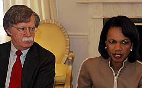 FN-SAMTALER: Condoleza Rice og Michael Bolton var i dag i samtaler med en FN-delegasjon som kom hjem fra midt�sten i g�r.