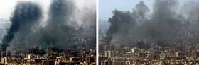 BEGYNNELSEN P� SLUTTEN: Da Hajj photoshoppet inn litt ekstra r�yk p� dette krigsbildet fra Beirut, skulle det ikke g� mange timene f�r bloggosf�ren rev i stykker troverdigheten hans. (Juksebildet til venstre, originalen til h�yre)
