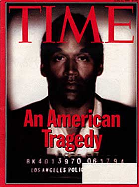 MUGSHOT 1: Politiets arrestbilde av O.J. Simpson ble gjort m�rkere og skumlere p� forsiden av Time.