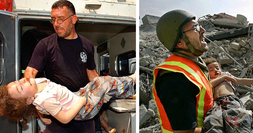 ER DETTE PR-STUNT?: Bloggere mener bildene av Salmar Daher er et iscenesatt mediestunt. - Dette er jobben min, sier Salmar Daher. Han er sivilforsvarsleder i den s�rlige byen Tyre og omr�dene rundt. Han var en av de f�rste p� stedet for � redde Qana-ofrene.