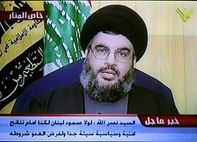 HOLDT TV-TALE: Hassan Nasrallah, her fra forrige tv-tale tidligere i krigen, hevder den m�nedlange striden har v�rt en seier for Hizbollah.
