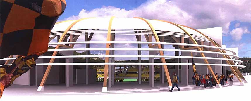 BUET TAK: En limtrebue g�r fra bakken og over taket p� tribunen - og slipper lys inn p� stadion - som n� f�r navnet S�r Arena.