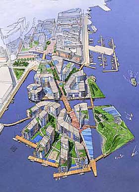 HER SKAL MUSEET LIGGE: Arkitekt Niels Torps �Utsyn� vant kampen om utbyggingen av Tjuvholmen, som fortsetter kystlinja fra Aker Brygge. Her skal det nye Astrup Fearnley ligge.