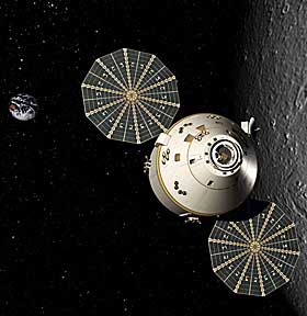 ORION I FARTA: Dette er Orion, skipet som blir romfergas arvtaker. I motsetning til romferga vil den v�re i stand til � reise til m�nen - og muligens til truende asteroider. Kanskje vil den v�re med p� � redde jorda.