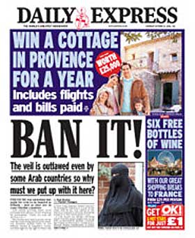 OPPR�RT OVER ANSIKTSSL�R: Den britiske tabloiden Daily Express forside 21. oktober i �r. Debatten om sl�r p�g�r i hele Europa.