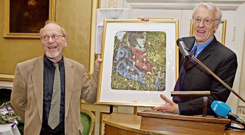 STOR DAG: Det var en stor dag, b�de for juryleder Finn-Erik Vinje (t.h.) og for prisvinneren Egil B�rre Johnsen da Riksm�lsprisen ble delt ut i g�r.