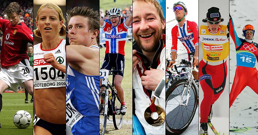 HVEM BLIR FOLKETS IDRETTSHELT 2006? Dette er et knippe av kandidatene til Folkets Idrettspris 2006. Ole Gunnar Solskj�r, Susanne Wigene, Andreas Thorkilsen, Gunn Rita Dahle, Kjetil Aamodt, Thor Hushovd, Marit Bj�rgen og Roar Lj�kels�y har alle utmerket seg med utrolige prestasjoner i �ret som gikk. I morgen presenterer vi f�rste kandidat til Folkets Idrettspris.
