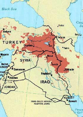 KURDISTAN: Befolkningen bor i hovedsak i Tyrkia, Iran, Irak og Syria.