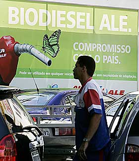 FORBUDT: Denne plakaten med reklame for biobrensel hang fortsatt i Sao Paulos gater i mars i �r, til tross for forbudet.