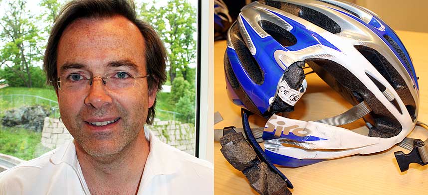 TAKKER HJELMEN: Nevrokirurg Arild Egge (46) fotografert p� jobben p� Rikshospitalet - ingen selvf�lgelighet, hadde det ikke v�rt for hjelmen, som tok av for st�tet da han landet og slo hodet i en stein i Nordmarka.