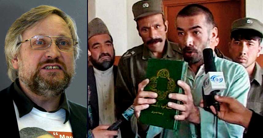 FORS�KT D�MT TIL D�DEN: Abdul Rahman (t.h.) ble fors�kt d�mt til d�den, men slapp ved at han ble erkl�rt sinnssyk. P� bildet viser han fram en bibel, mens han f�res vekk av politifolk i Kabul. Lars Gule (t.h.) mener afghanerne som norske myndigheter vil sende tilbake, kan bli drept av myndigheter, familie eller naboer.