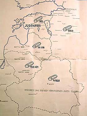 KARTET: Dette kartet ment for internt bruk avsl�rer hvor mange j�der nazistene hadde drept i Baltikum, Hvite-Russland og Leningrad-omr�det innen tidlig i 1942. Estland er �judenfrei�.