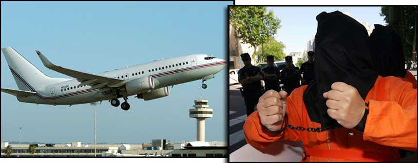 FANGETRANSPORT: Bildet til venstre viser et mistenkt CIA-fly av typen Boeing 737 med registreringsnummer N313P som tar av fra flyplassen p� Mallorca 12. mars 2004. P� bildet til h�yre demonstrerer Amnesty International mot de hemmelige CIA-flygningene utenfor den amerikanske ambassaden i Madrid 31. mai i �r.