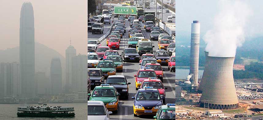 TRUSSEL: Tre betydelige �steder for klimagassutslipp, f.v. Hongkongs skyline, trafikken i Beijing og et kullkraftverk i Cartersville i Georgia.