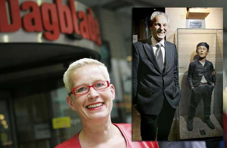 SJEFENE: Dagbladets sjefredakt�r Anne Aasheim utenfor avishusetog Berner Gruppens konsernsjef Tore Stangebye ved siden av den klassiske Dagbla'-gutten.
