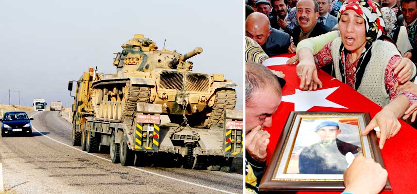 GRAVLEGGER SOLDATER OG FORLANGER KRIG: Tyrkia har gravlagt flere falne soldater siste uken og i opinionen er stemningen klar for et oppgj�r med kurdiske separatister som s�ker tilflukt i Nord-Irak. Over til venstre transporteres en tanks i retning av grensen mot Irak, s�r�st i Tyrkia.