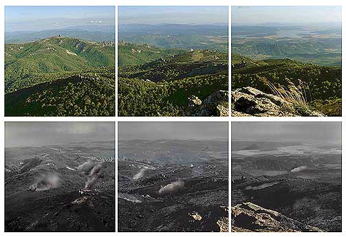 UTBRENTE SKOGOMR�DER: Manipulert bilde som viser naturreservatet Alcornocales i n�rheten av Cadiz i Spania. �verst slik reservatet framst�r i dag, nederst slik det kan se ut etter massive skogbranner, som Greenpeace frykter vil herje Spanias t�rre omr�der med en ytterligere �kning i temperaturen p� kloden.