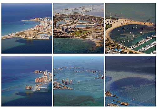 �DELAGT SOLKYST: Med denne fotomanipulasjonen viser Greenpeace hvordan hotellbebyggelsen ved La Manga del Mar p� den spanske solkysten vil se ut dersom havet stiger s� mye som FNs klimapanel frykter.