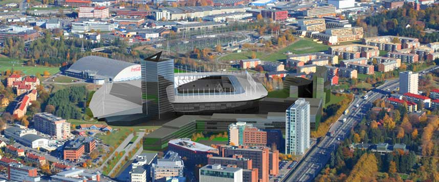 VEGG I VEGG: I forslaget anlegges ny fotballstadion �st for og inntil Valle Hovin sk�ytestadion, med nytt tak. Kapasiteten vil v�re p� 22 000 og det er planlagt et hotell i tilknytning til stadionet.