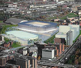 NYTT SK�YTESTADION: I dette forslaget rives Valle Hovin sk�ytestadion og bygges opp med tak vest for fotballstadionet, som vil ha plass til enten 22 000 eller 32 000 tilskuere.