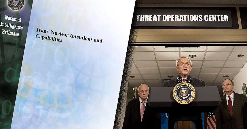HAR BUSH KJENT KONKLUSJONEN? Her holder USAs president George W. Bush en tale hos National Security Agency i h�st, flankert av visepresident Dick Cheney til venstre og direkt�r i  Den nasjonale etterretningstjenesten, Mike McConnell, som i dag slapp rapporten �Iran: Kjernekraft intensjoner og kapabiliteter�.