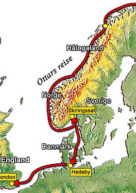 OTTARS REISE: Brukte en måned fra Hålogaland i nord til Kaupang i sør. Seilte videre til England, hvor han møtte kong Alfred og fortalte.