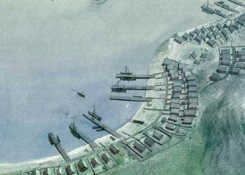 NORGES FØRSTE HOVEDSTAD: Skiringssal ved gården Kaupang midt på 800-tallet. Dette ble Norges første by, et handelssentrum for mange nasjonaliteter. Skiringssal lå seks kilometer utenfor Larvik og ble antakelig grunnlagt og kanskje også styrt av danene.
