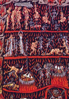 LAND DOWN UNDER: �Hortus Deliciarum - Hell� av Herrad von Landsberg viser en ikke fullt s� hyggelig tolkning av den evige pine.