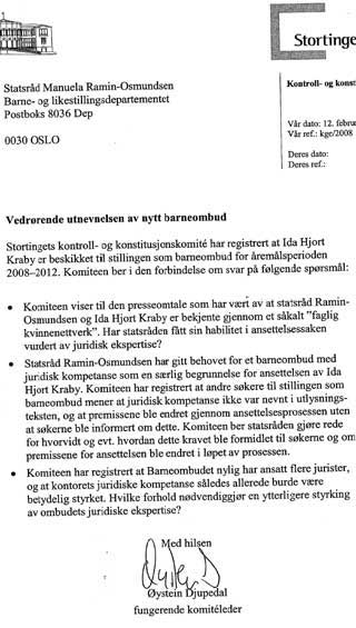 SP�RSM�LENE HUN M� SVARE P�: Dette brevet f�r Ramin-Osmundsen fra Stortinget.