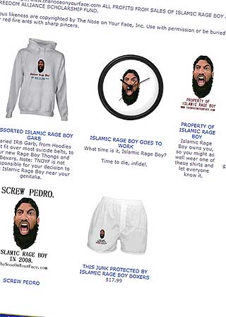 KARIKERT: Den konservative �nyhetssida� The Nose on Your Face har gjort business p� � skape og patentere karikaturen Islamic Rage Boy. Du kan kj�pe alt fra T-skjorter til klokker og musematter med motivet, som er sterkt inspirert av bildene av Shakeel.