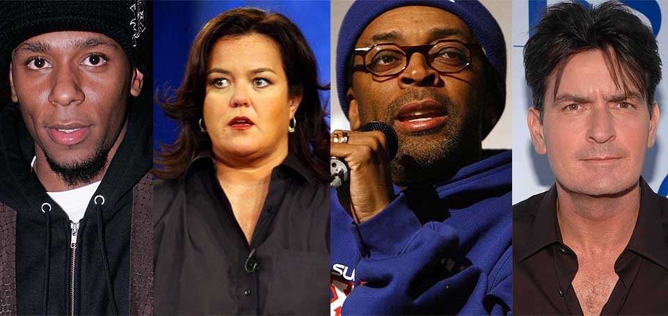 KONSPIRANOIA? Blant kjendisene som tror p� konspirasjoner, er (fra venstre) Mos Def, Rosie O' Donnell, Spike Lee og Charlie Sheen.