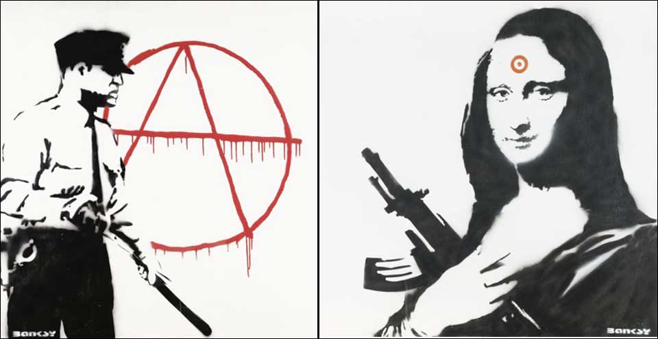 TJENTE MILLIONER: En 30-�ring fra Bergen har f�tt over tre millioner kroner for disse Banksy-bildene.