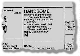 VALENTINANNONSE: 14. februar 1997 satte Monica Lewinsky denne annonsen p� trykk i Washington Post. Det kom fram i opptakene Linda Tripp gjorde.