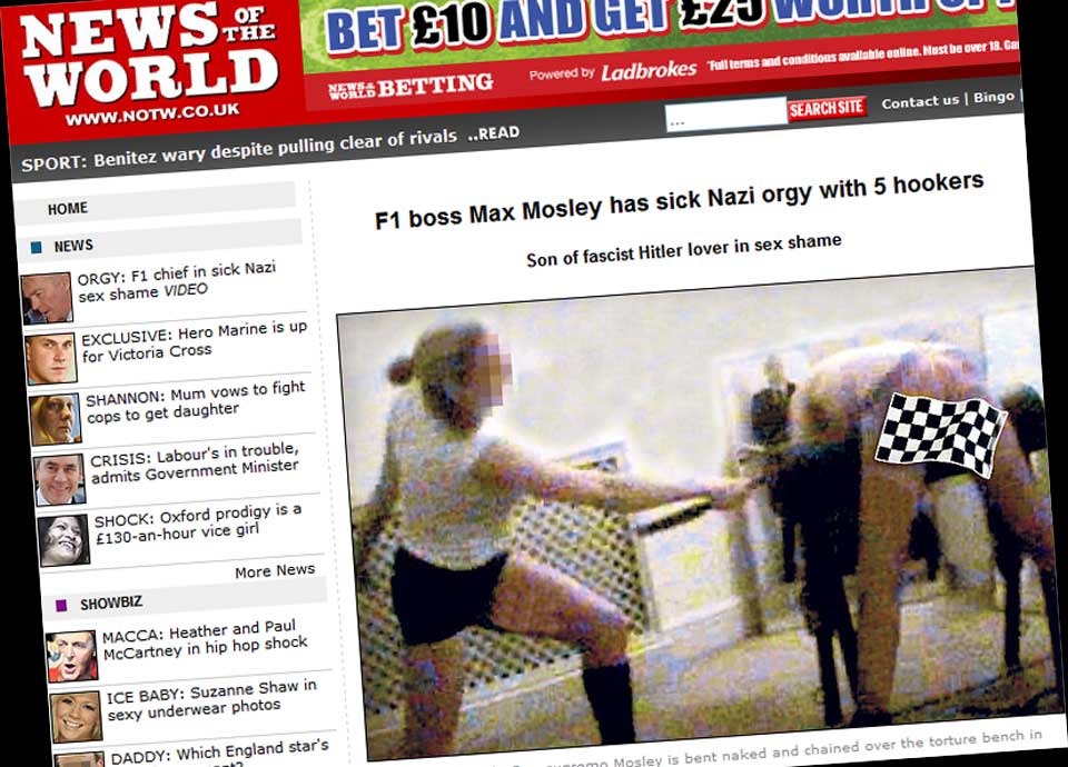 YDMYKENDE: Avisa News Of The World sparer ikke p� detaljene i sin skildring av Mosleys spesielle omgangsform rundt fem prostituerte i en flere timer lang video.