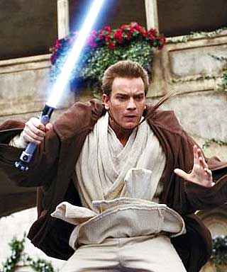 FORBILDE 2: Dagens jediriddere er tydeligvis litt mindre drevne med lyssablene sine enn i fordums tider, her representert med en ung Obi-Wan Kenobi.