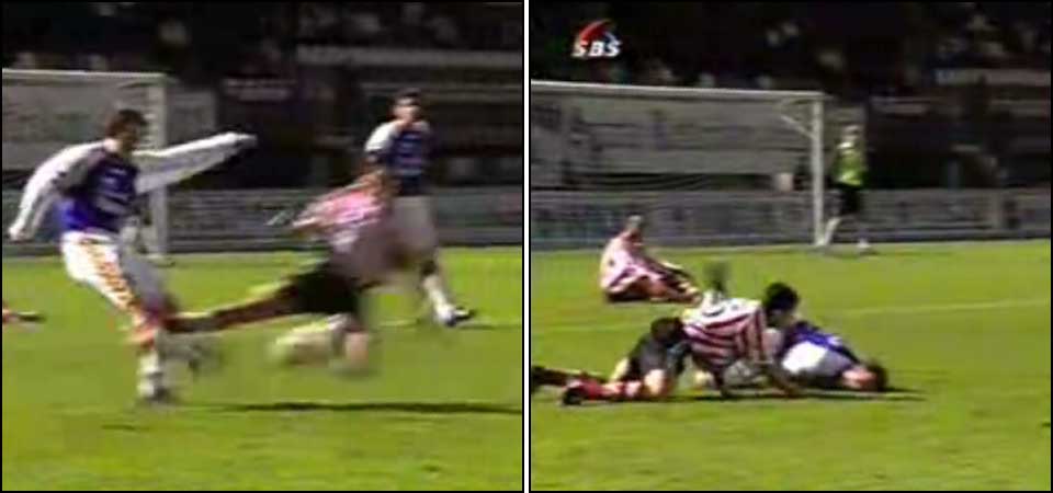 D�MT FOR TAKLING: Rachid Bouaouzan kastet seg inn i en duell - altfor seint - med knottene f�rst i kneh�yde.