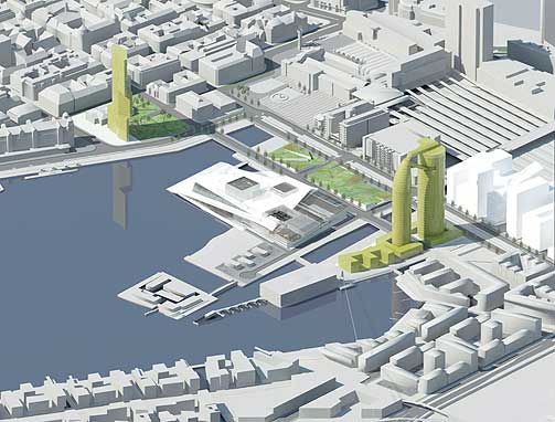 To t�rn: Ett av de mest omtalte forslagene til operaens omgivelser inkluderer parker opp� bygninger, liten bebyggelselangs operaens nordside, og to t�rn p� rundt 120 meter. Forslaget kommer fra Allianse Arkitekter AS, Ascona Technopole/Steven Holl Architects.