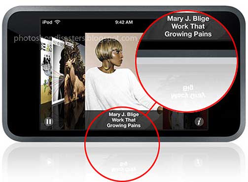 SPEIL-FEIL: Ogs� Apple sliter med speileffektene. iPoden viser en Mary J. Blige-plate, mens speilbildet viser Macy Gray. Senere ble feilen rettet opp p� Apples nettsider.