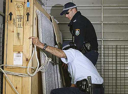 POLITIET SLO TIL: Her b�rer politiet i Sydney bort bildene signert den kontroversielle og anerkjente australske kunstneren.