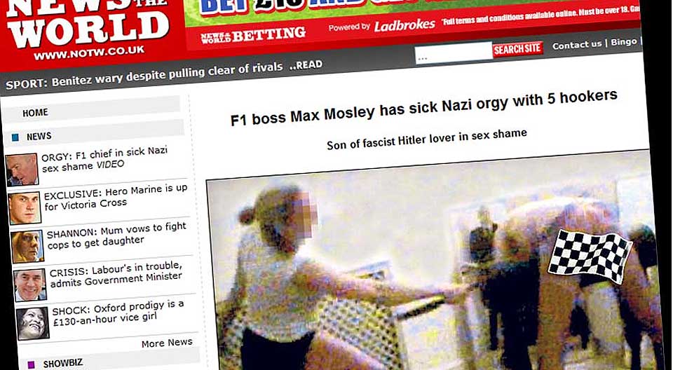 SKANDALEAVSL�RING: Den britiske tabloiden News of the World er glad i skandaler, og sparte ikke p� kruttet da de fikk kloa i Max Mosleys sexvideo.