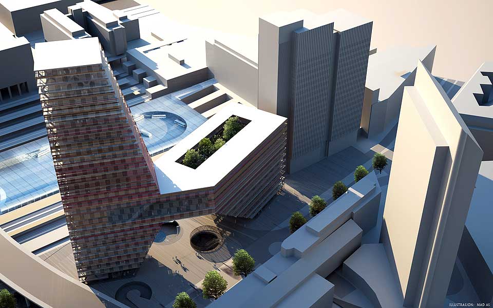 H�YEST BLANT DE H�YE:  Det planlagte KLP-bygget (t.v.) skal i utgangspunktet bli 127 meter h�yt - ti meter h�yere enn naboen Oslo Plaza (t.h.), og 17 meter h�yere enn Postgirobygget (i midten). I bakgrunnen den nye bussterminalen, bygd som et lokk over sporene p� Oslo S.