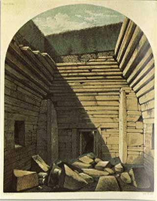 OPPDAGET P� NYTT: Maes Howe ble funnet p� nytt i 1861, da en gruppe ledet av James Farrer begynte � grave i jorda. Dette er hans tegning av hvordan det s� ut den gang. I dag er taket dekket til, slik det opprinnelig var i steinalderen.