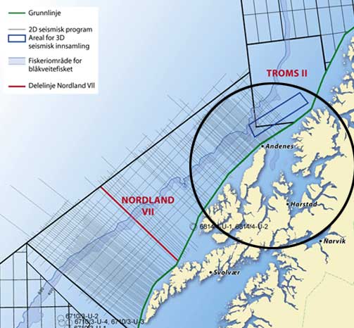 LANGT MELLOM SEIEN: I omr�det fra Lofoten og opp til Hekkingen ved Troms� er landingene av sei redusert med en over en tredjedel. Oljeleting fortsetter i b�de Nordland VII og Troms� II til midten av september.