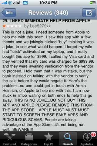 HJELP! En fortvilet AppStore-kunde klager sin n�d etter � ha kj�pt et verdil�st iPhone-ikon til kroner 5000. Faksimile: Digg