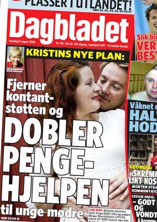 DOBLER PENGEHJELPEN: F�r du barn vil engagsst�naden dobles. Det betyr mer penger det f�rste �ret, men ingen kontantst�tte de p�f�lgende. I dagens papirutgave kan du lese om reaksjonene til de nybakte foreldrene Julia (26) og Birger (29) og samfunnsdebattant K�re Willoch.